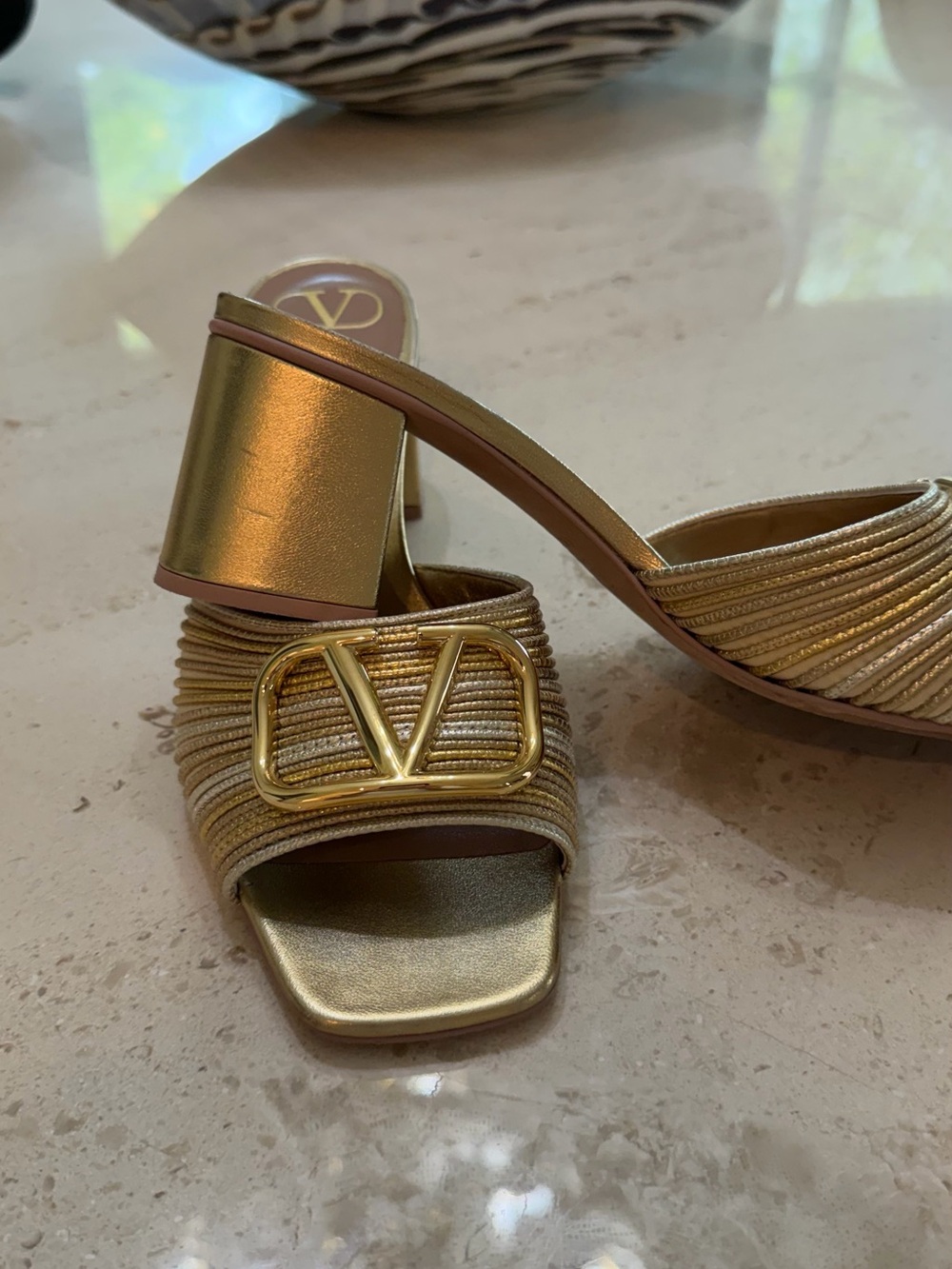 Valentino gold and silver Women's Slide Sandals with Decorative Logo Accent - Picture 2 of 5